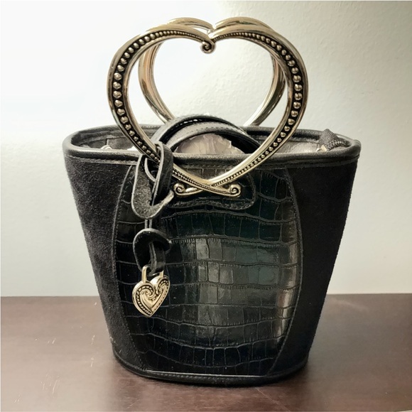 BRIGHTON Corazon Black Pebble Grain/Croc Embossed Bag W/Silver Heart Handles - Picture 12 of 12